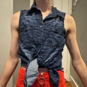 Denim button up tank top zebra print